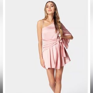 BEBÉ ASYMMETRIC SLEEVE RHINESTONE STRAP SATIN ROMPER